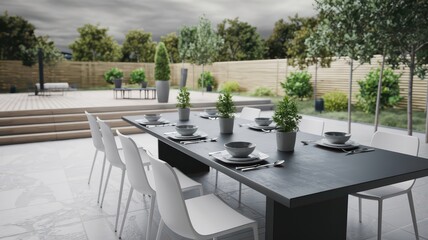 Wall Mural - Outdoor dining set on patio with garden view