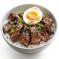 Sticker - bowl of marinated beef served with rice egg