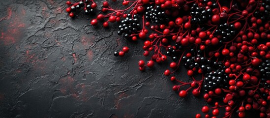 Canvas Print - Vibrant red and black berries elegantly arranged on textured surface with ample space for text and design elements