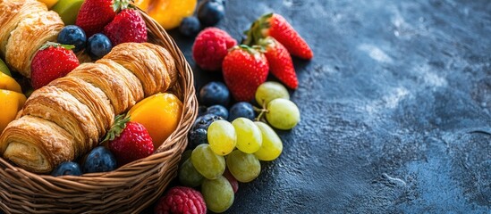 Canvas Print - Delicious basket of assorted pastries and vibrant fruits on textured table with ample empty space for your custom text or design