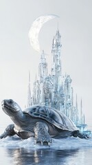 Wall Mural - Metallic Turtle Supports Frozen Crystal Castle Under Crescent Moon