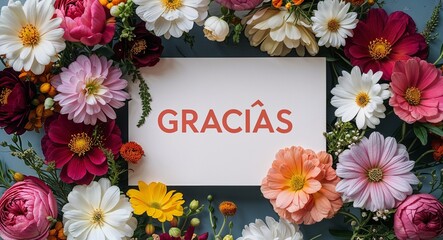 Wall Mural - gracias lettering on plain white card on bouquet of flowers background