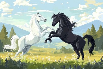 Majestic Black and White Horses in Mountain Meadow Landscape