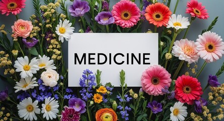 Wall Mural - Medicine lettering on plain white card on bouquet of flowers background