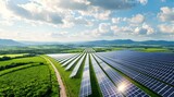 A field of solar panels gleams in the sunlight, background, symbolizing sustainable energy production. Expansive solar farm sun's energy, natural environment, wallpaper
