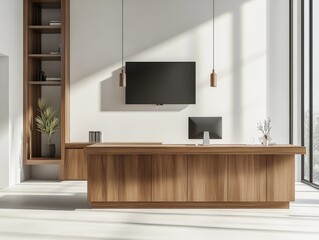 Poster - Modern wooden reception desk in bright minimalist office.