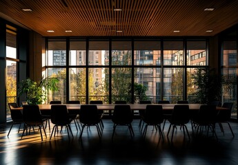 Poster - Sunlit modern conference room with large windows overlooking city.