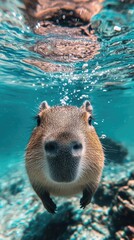 a curious capybara swims underwater in a vibrant blue environment, showcasing its cute and playful n