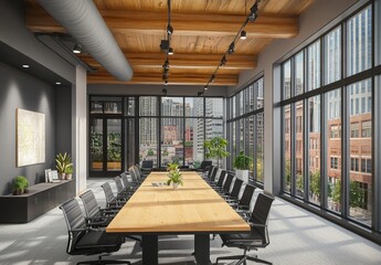 Poster - Modern conference room with large windows, city view, wood table, and exposed beams.