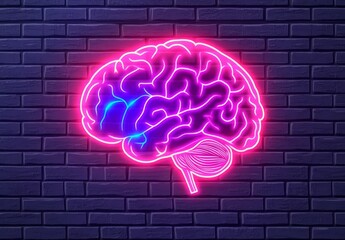 Poster - Neon brain sign on brick wall.