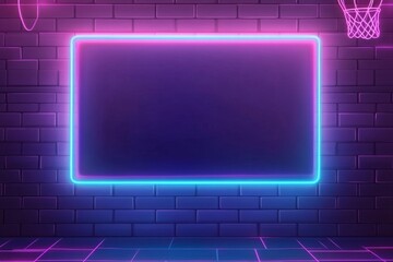 Poster - Neon frame on brick wall with basketball hoops.