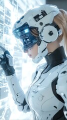 Poster - Woman in futuristic helmet interacts with digital interface