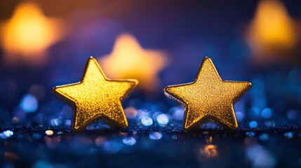 Poster - Two golden stars on glittery blue background with bokeh lights.