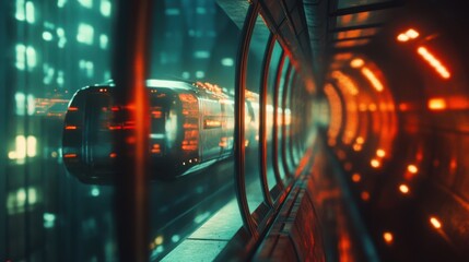 Poster - Futuristic subway train in a neon-lit tunnel showcasing advanced technology and vibrant colors for urban transportation in a sci-fi environment