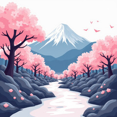 Wall Mural - Serene Cherry Blossom River, Mount Fuji - Japanese aesthetics