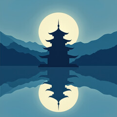 Wall Mural - Serene Pagoda Lake & Moon Silhouette - Minimalism