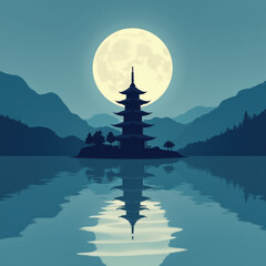 Wall Mural - Serene Pagoda Moonlit Lake Landscape - Minimalist illustrations