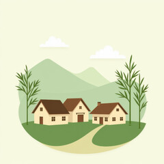 Wall Mural - Serene Village Houses, Mountain View - Minimalist design