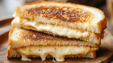 Poster - Delicious grilled cheese sandwich with melted cheese, crispy bread, on wooden board.