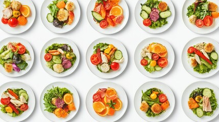 Poster - Colorful healthy meal prep salads on white plates.