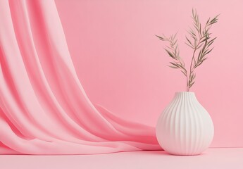 Poster - Minimalist pink background with white vase and green plant.