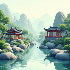 Canvas Print - Serene Asian Garden, Pagoda River Landscape - Mindfulness/Meditatio.