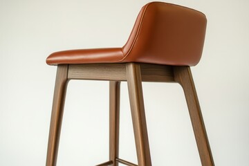 Mid-century modern bar stool with brown leather seat and walnut legs.