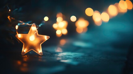 Poster - Illuminated star-shaped lights on dark background.