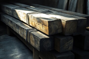 Wall Mural - Stacked weathered square wooden beams in a dark room, tied with rope.