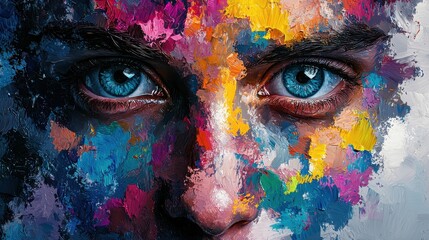 Poster - Abstract emotional portrait of a person with colorful textures studio environment close-up view creative concept