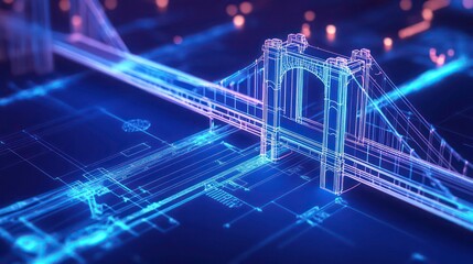 Poster - Futuristic wireframe bridge digital model.