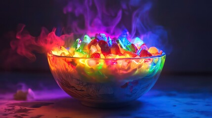 Poster - Glowing colorful candy in a glass bowl with smoke.