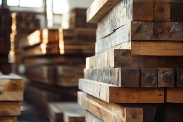 Wall Mural - Stacked lumber in a warehouse.