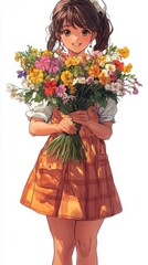 Poster - Anime Girl Holding A Vibrant Bouquet Of Flowers