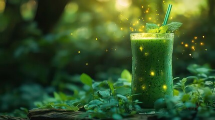 Poster - Magical green smoothie in a forest setting with glowing particles.