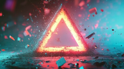 Poster - Glowing neon triangle amidst exploding debris; vibrant red and blue hues.