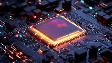 Fototapete - Close-up of a glowing central processing unit (CPU) on a circuit board.