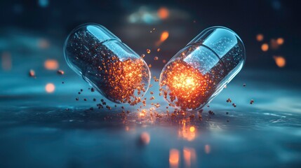 Aufkleber - Two transparent capsules releasing glowing particles.