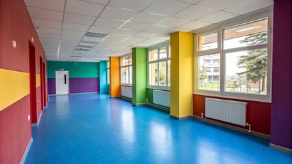 Poster - A colorful room with a blue floor and a white door