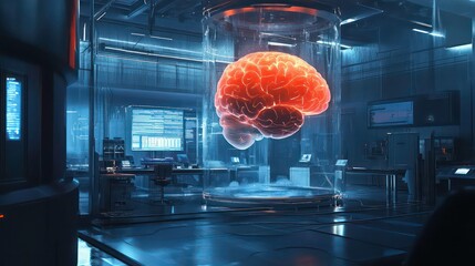 Poster - Futuristic lab interior with a glowing brain in a glass container.