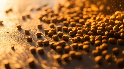 Poster - Close-up of small, brown, square-shaped pellets scattered on a dark surface, illuminated by warm light.
