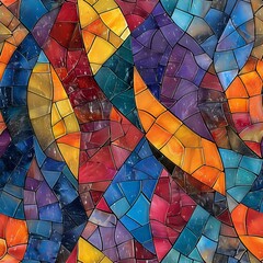 Poster - Vibrant stained glass mosaic pattern with curved shapes in blue, orange, yellow, red, and purple creates dynamic abstract background perfect for design projects.