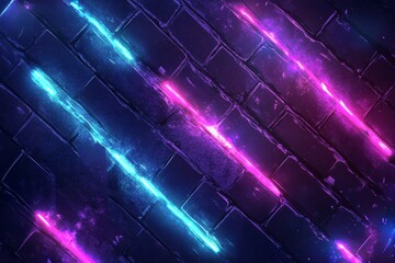 Poster - Neon lights streaks on brick wall.