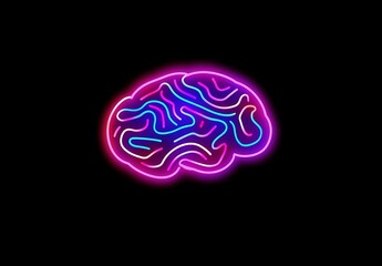 Poster - Neon brain outline with colorful lines on black background.