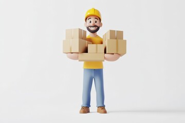 Wall Mural - Happy Cartoon Worker Carrying Several Cardboard Boxes