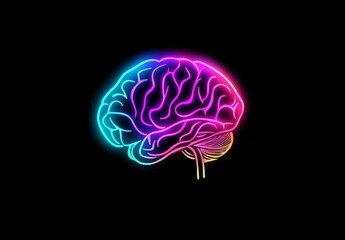 Poster - Neon rainbow brain outline on black background.