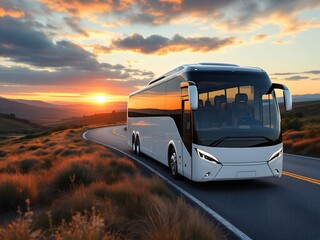 a bus traveling on a scenic road during sunset, capturing the essence of adventure and freedom.