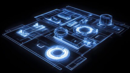 Fototapete - Futuristic blueprint glowing in dark.