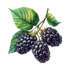 realistic illustration of three blackberries attached to a stem with green leaves. showcasing the fr