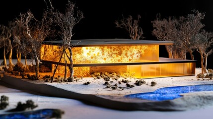 Poster - Conceptual architectural model of a modern building surrounded by trees and water, showcasing innovative design and artistic lighting in a serene landscape environment.